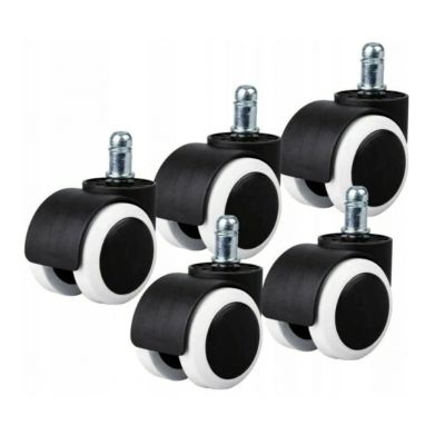 Set 5 roti pentru scaunul de birou, otel si cauciuc, 75 x 23 mm, tija 11 mm, alb/negru