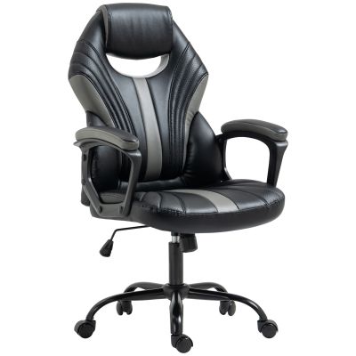 Vinsetto Scaun Gaming Stil Office, Imitație Piele PU, Negru/Gri, Înălțime Ajustabilă, Sezut Rotativ, 63x68x105-113cm | Aosom Romania