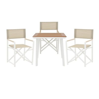 Set de 3 buc masa si scaune de gradina Mabu-Synergy aluminiu alb si placaj culoare natur 80x80x74 cm