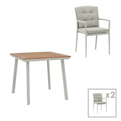 Set de 3 buc masa si scaune de gradina Synergy-Moritz alb-gri aluminiu si placaj culoare naturala 80x80x74 cm