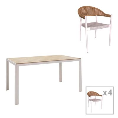 Set de 5 buc masa si scaune de gradina Nares-Elation aluminiu alb si placaj nuanta naturala 140x80x72.5 cm