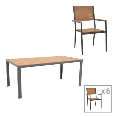 Set de 7 buc masa si scaune de gradina Nares-Vitality aluminiu antracit si placaj culoare naturala 180x90x72.5 cm