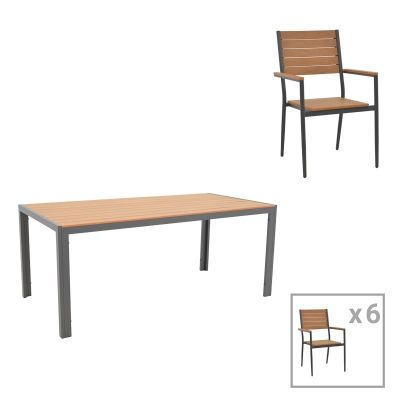 Set de 7 buc masa si scaune de gradina Nares-Vitality B aluminiu antracit si placaj culoare naturala 180x90x72.5 cm