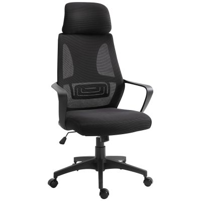 Vinsetto Scaun de Birou Ergonomic cu Brațe și Tetieră Reglabilă, Scaun Pivotant cu Suport Lombar, 64x55x116-126 cm, Negru | Aosom Romania