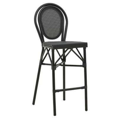 Scaun de bar pentru exterior, Model Dezyan, culoare negru, aluminiu si textil, 41.5x53.5x116 cm