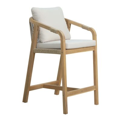 Scaun de bar pentru exterior, Model Luciana, culoare bej si natural, lemn masiv de salcam, 68x55x97.5 cm