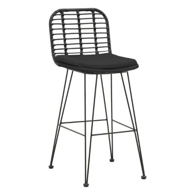 Scaun de bar pentru exterior, Model Naoki, culoare negru, metal si poliratan, 46x56x110 cm